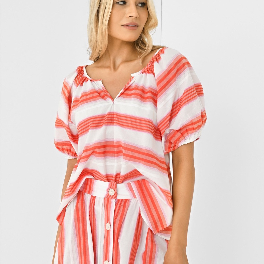 Striped Coral and White Puff-Sleeve Blouse